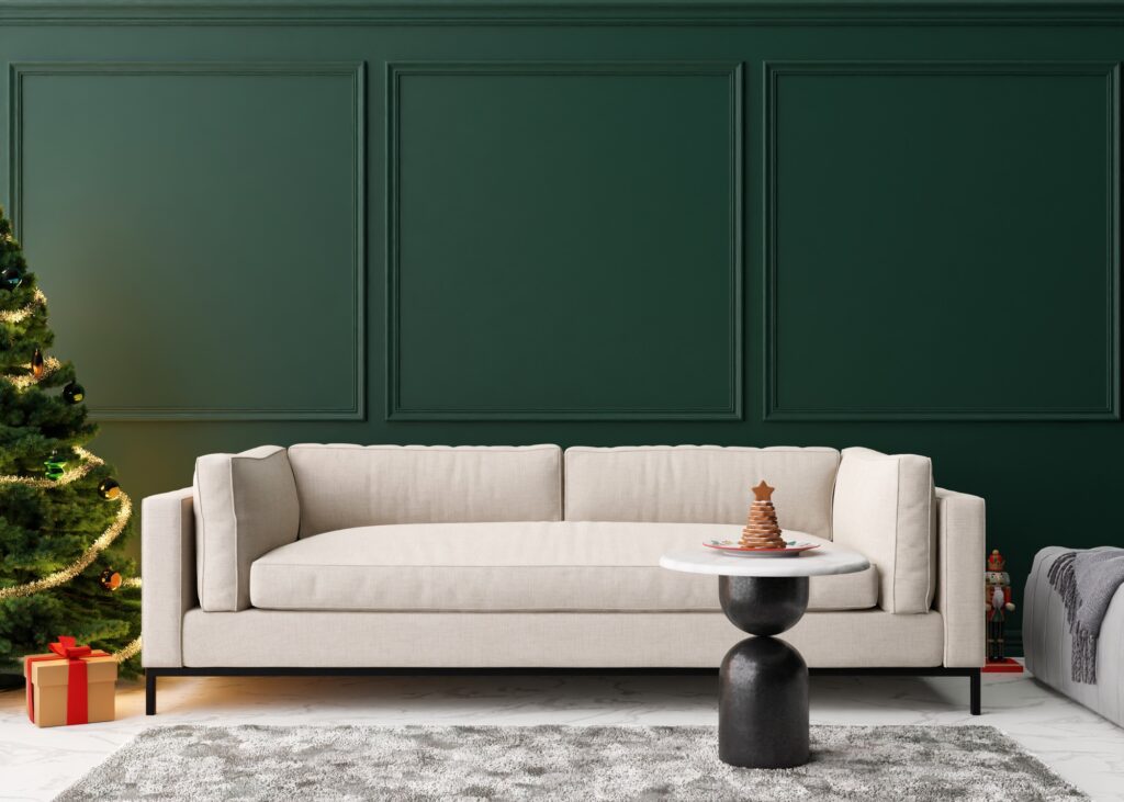 Empty green wall in modern living room with Christmas decoration. Mock up interior in classic style.